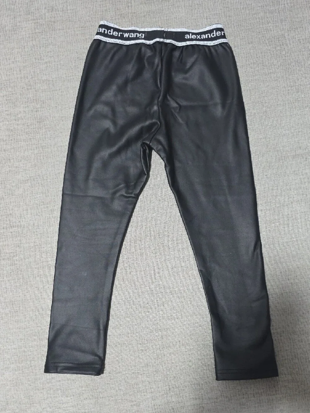 Kids Black Faux Leather Logo Waist Leggings